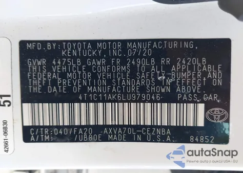 2020 Toyota Camry Le z USA, uszkodzony, nr VIN 4T1C11AK6LU979046